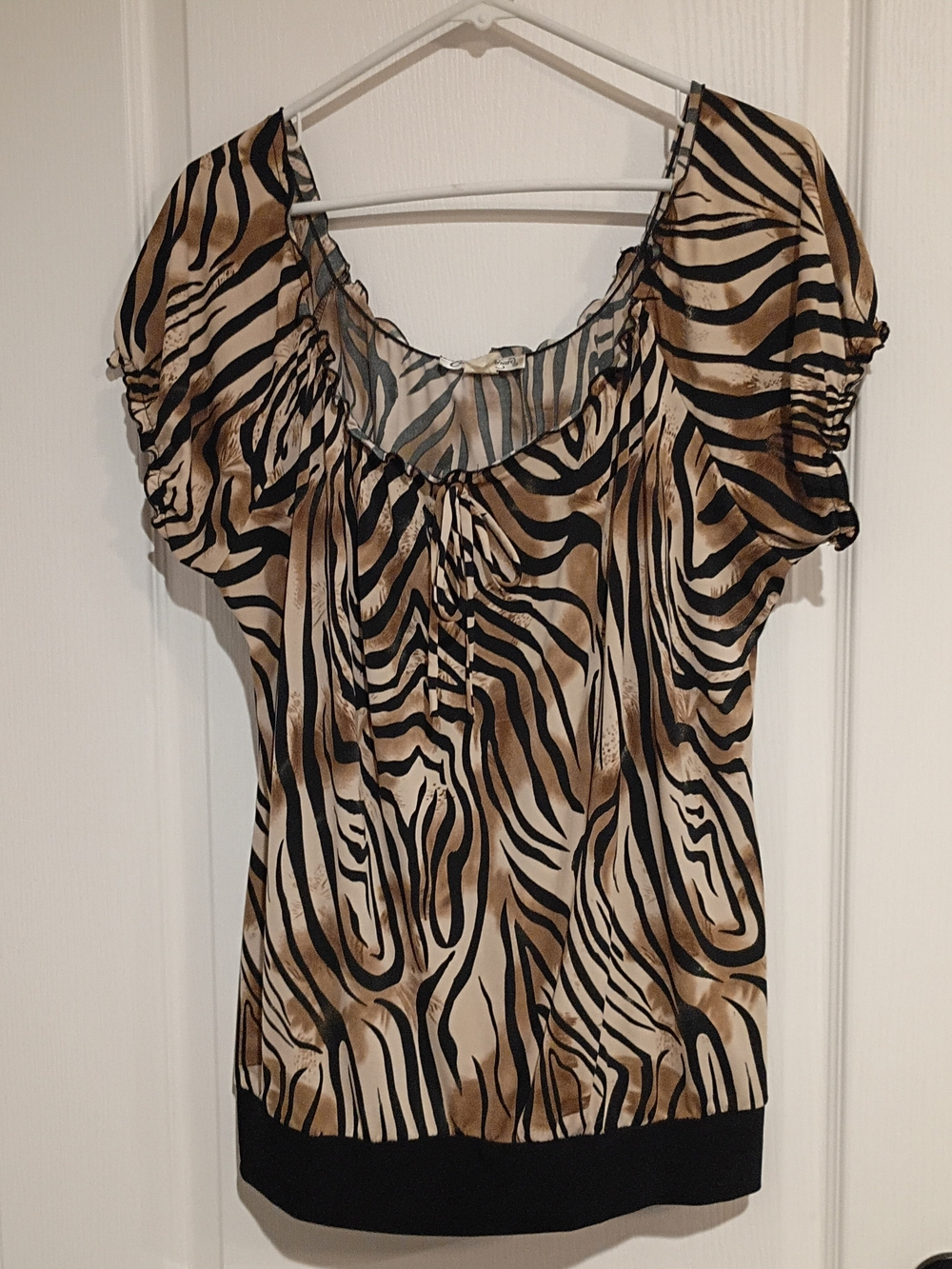Claudia Richard Brown & Black Zebra-Print Short Sleeve Blouse - Size XL